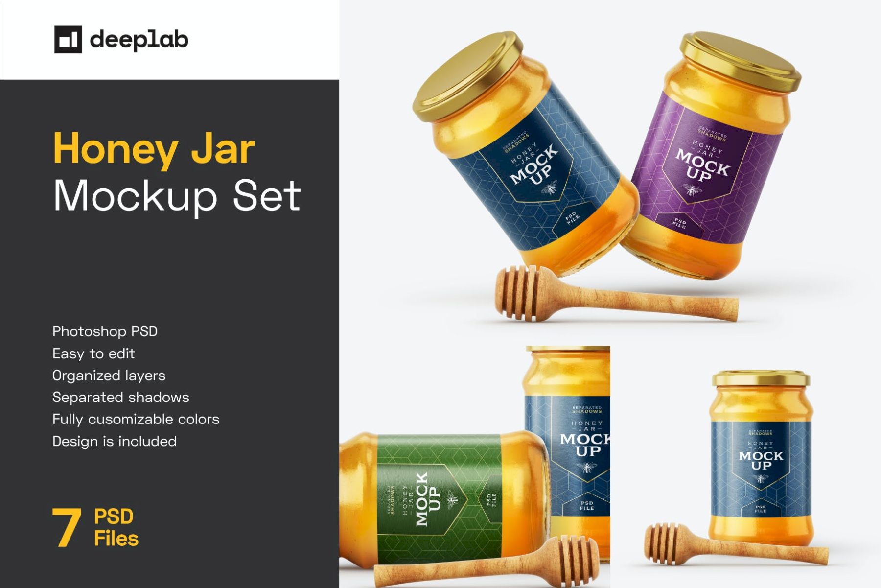 带北斗的蜂蜜罐样机套装 Honey Jar Mockup Set With Dipper