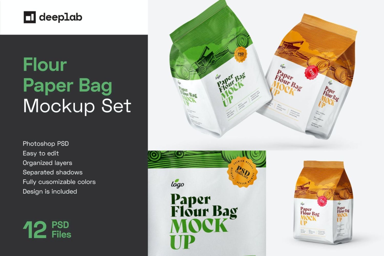 小袋纸面粉袋样机套装 Paper Flour Bag Mockup Set Pouch插图