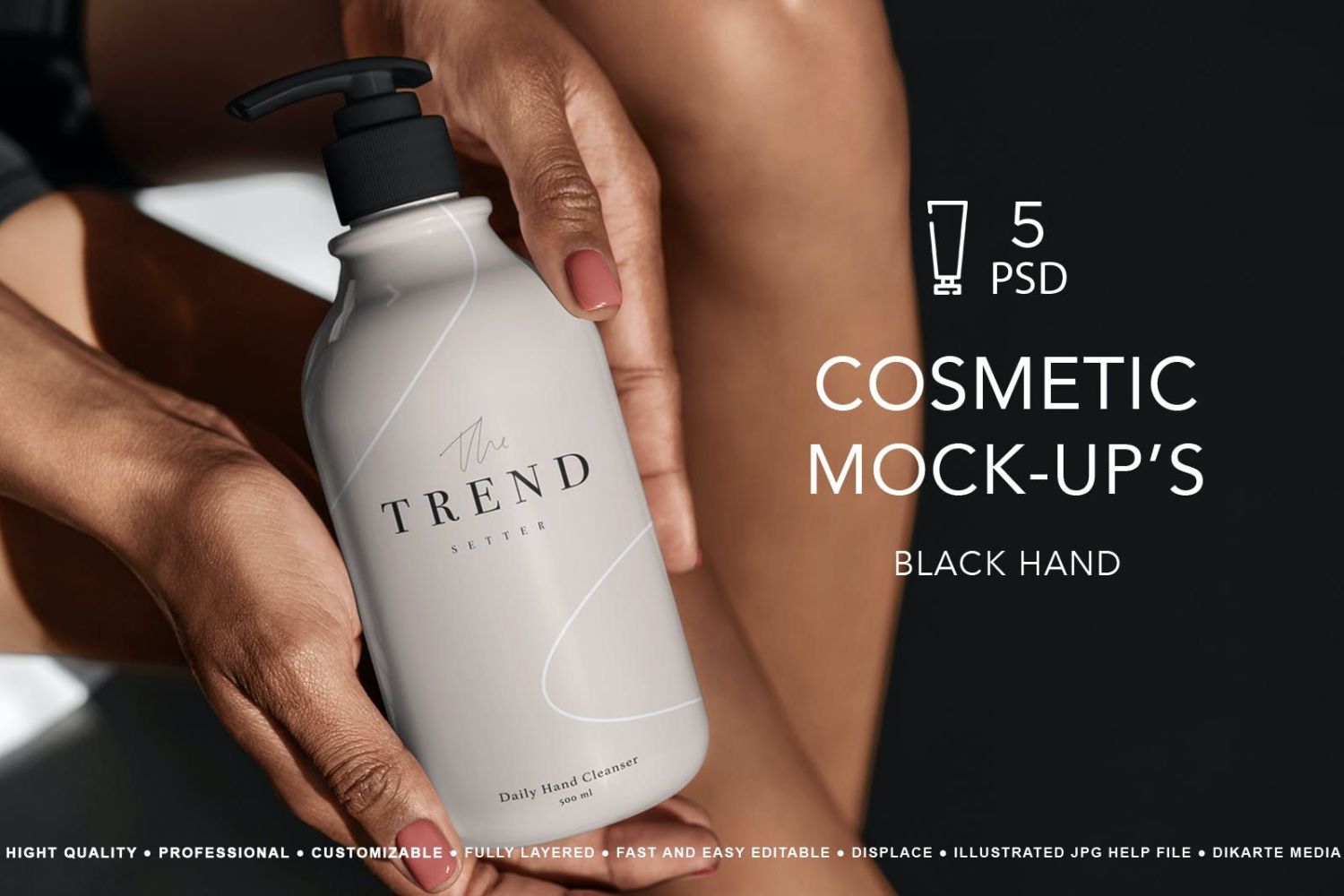 手持化妆品包装设计 Cosmetic Mock-Up Black Hand插图