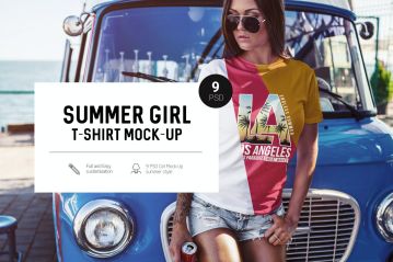 夏季女孩 T 恤样机 Summer Girl T-Shirt Mock-Up
