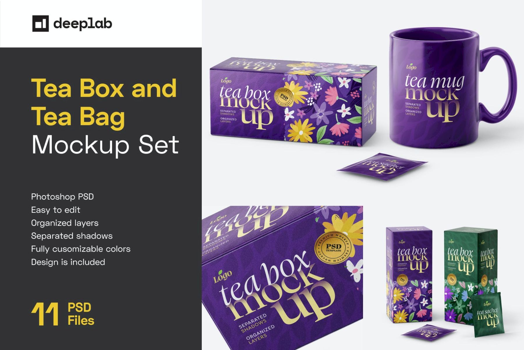 茶盒和茶包样机套装 Tea Box and Tea Bag Mockup Set插图