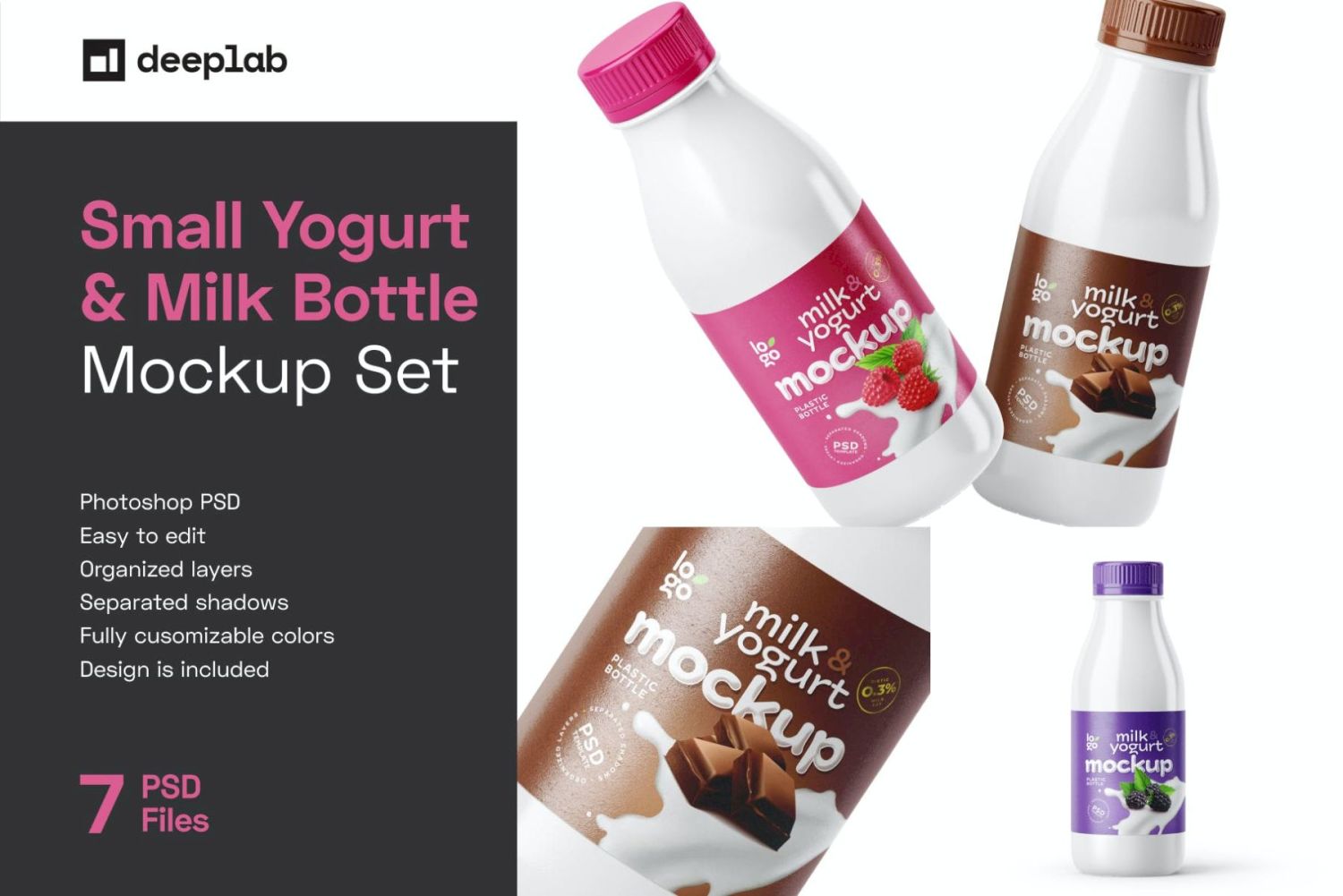 小酸奶和牛奶瓶样机 Small Yogurt & Milk Bottle Mockup插图