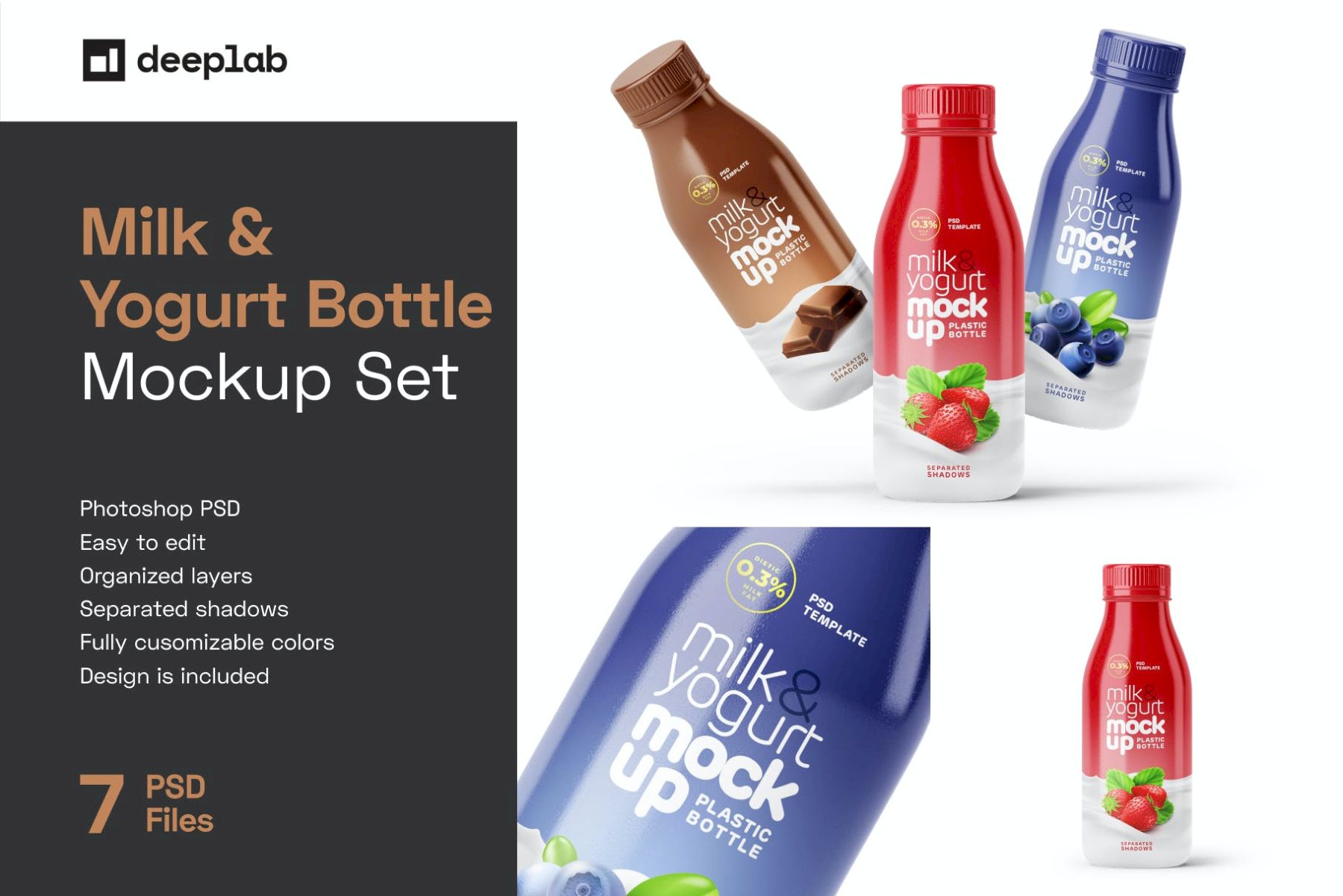 酸奶和牛奶瓶样机 Small Yogurt & Milk Bottle Mockup插图