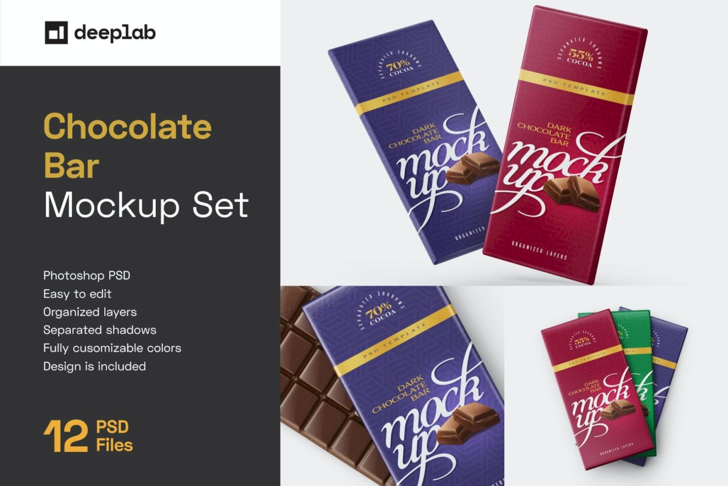 巧克力棒包装样机套装 Chocolate Bar Packaging Mockup Set插图